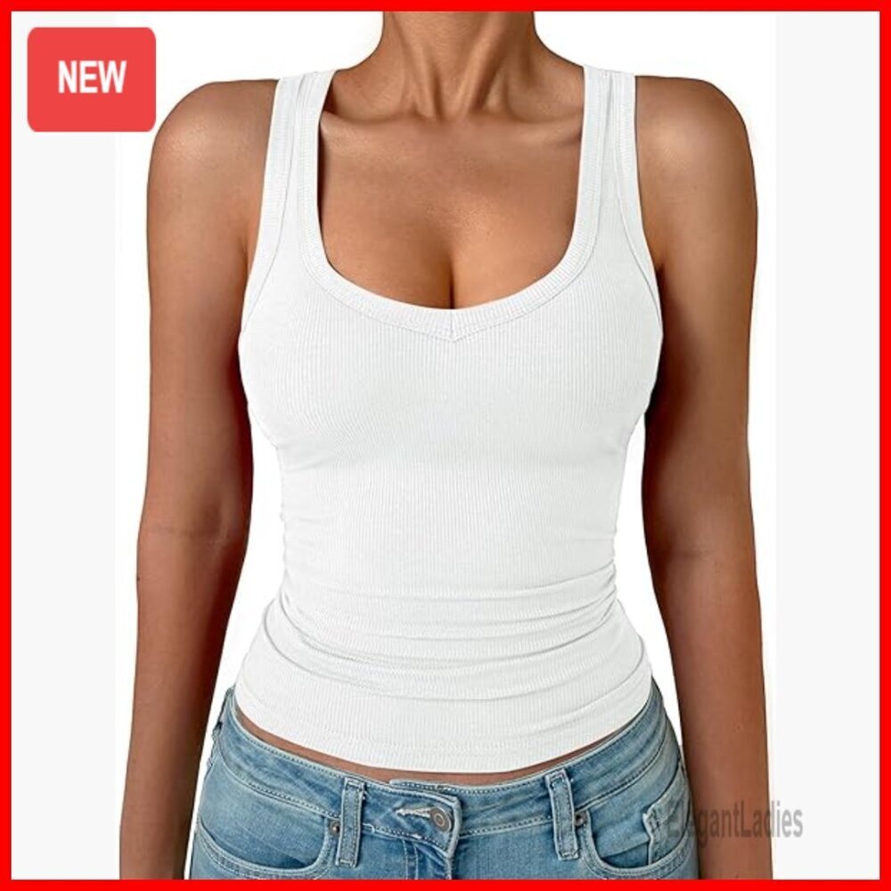 Sleeveless Ribbed Knit Tank Top V Neck Spaghetti Strap Form Fitting Cami